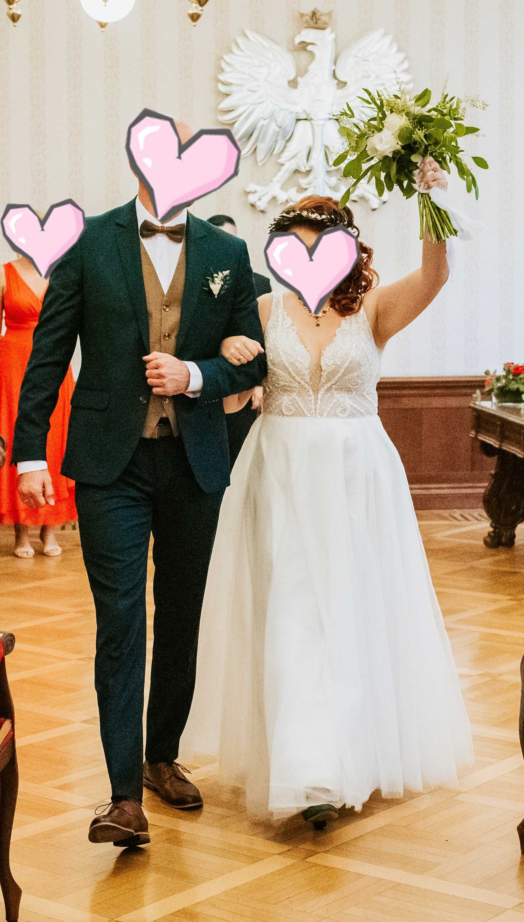 Suknia ślubna z brokatowym tiulem, koronką i perełkami – gorsetowa!