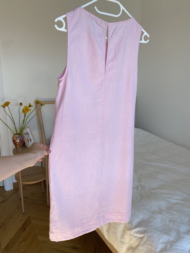Lniana pudrowo różowa sukienka prosty krój BASIC 36 S M&S len wiskoza