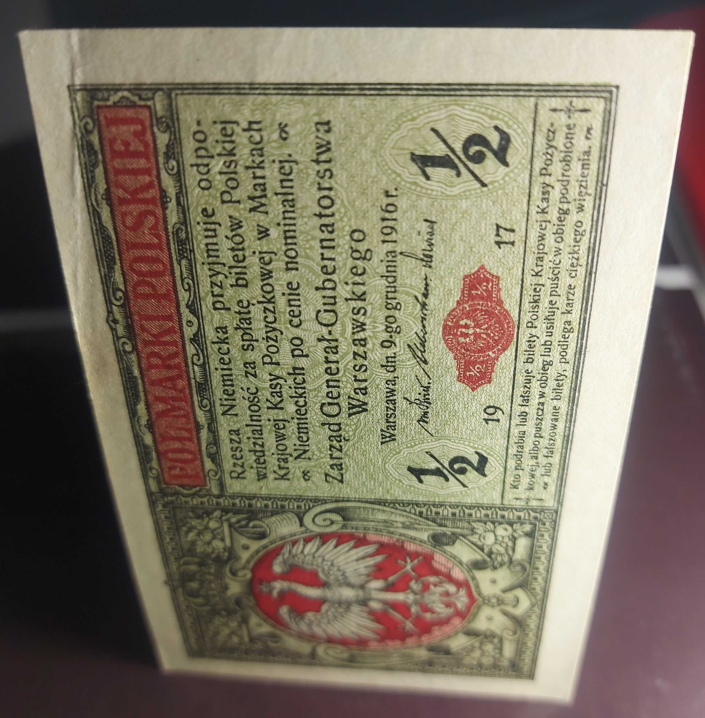 Banknot 1/2 marki polskiej z 1916 roku.Generał.