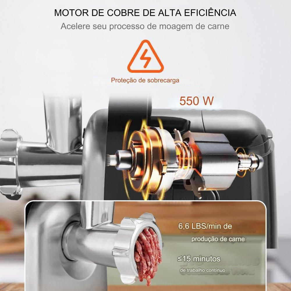 Moedor de Carne Elétrico: 550W, 3kg/minuto