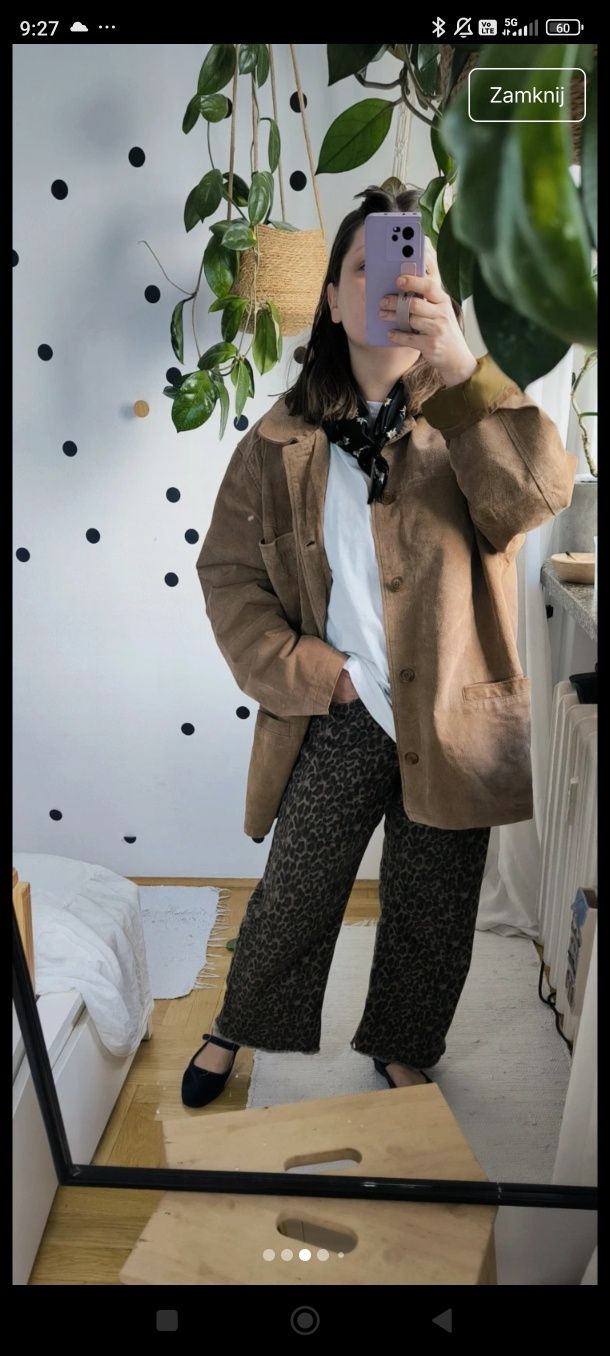 Beżowa brązowa skórzana kurtka katana vintage maxi camel oversizowa za
