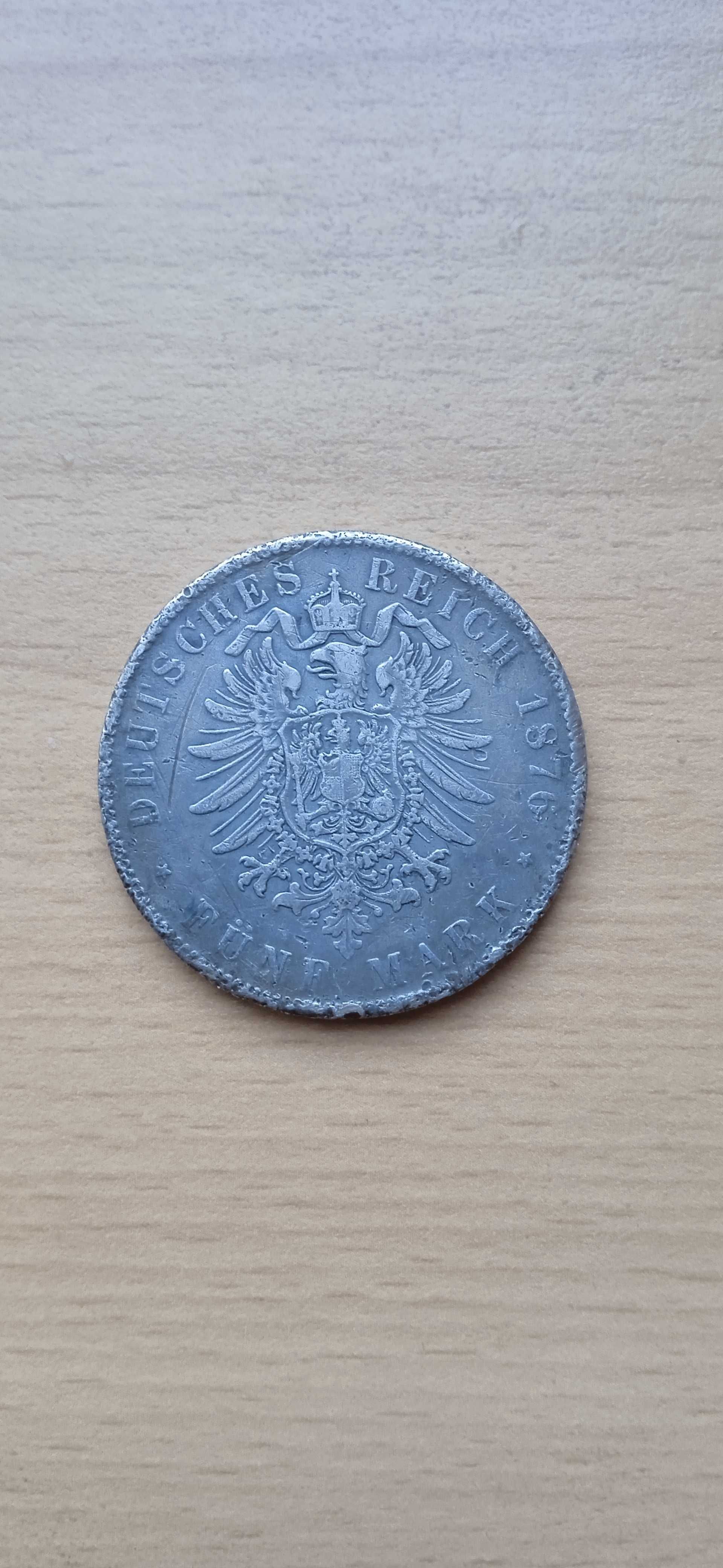 Srebrne 5 marek Ludwig II  1876 D Bawaria cesarstwo Niemieckie.