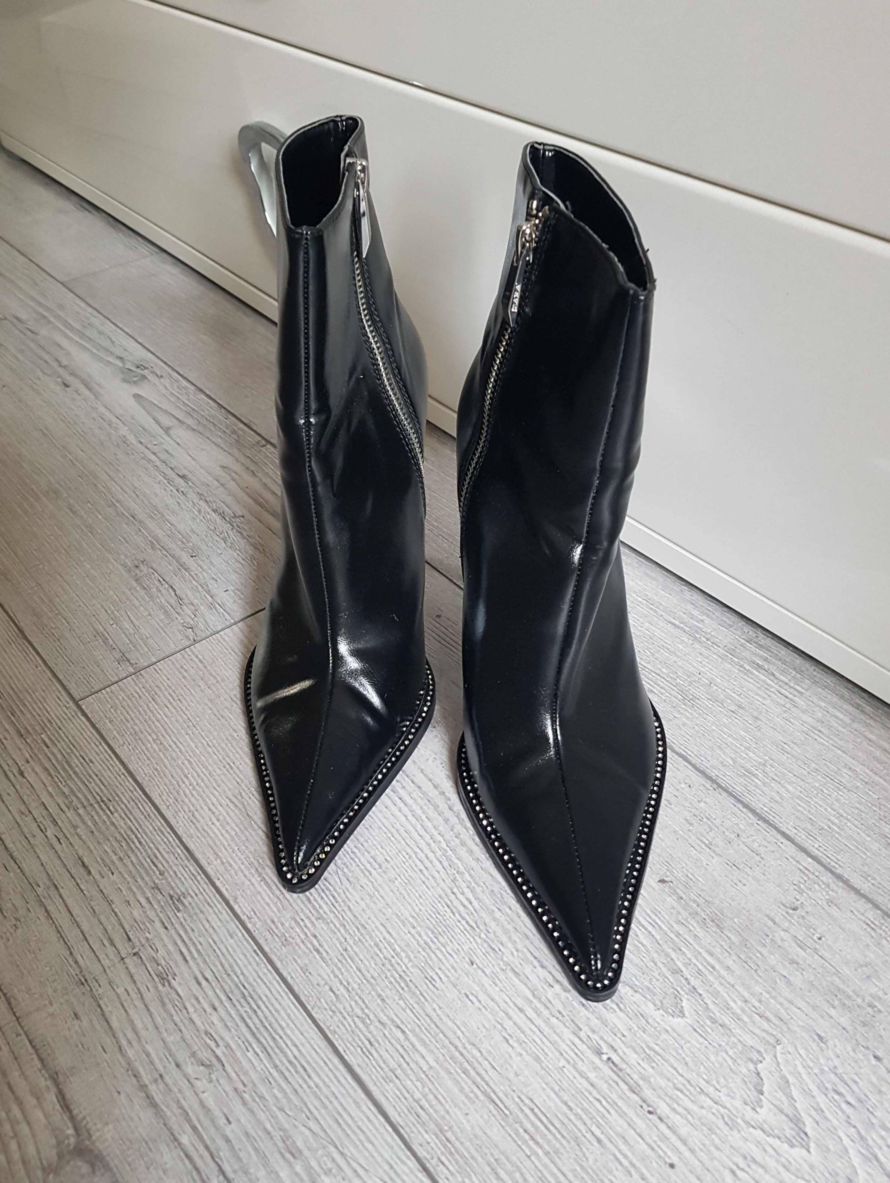 Zara Czarne botki na szpilce z cyrkoniami 38