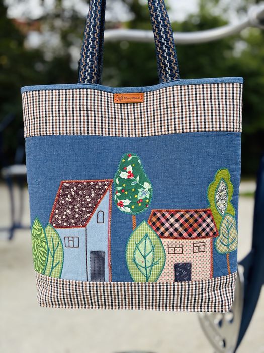 Torba handmade z dżinsu z motywem domków Unikalny shopper