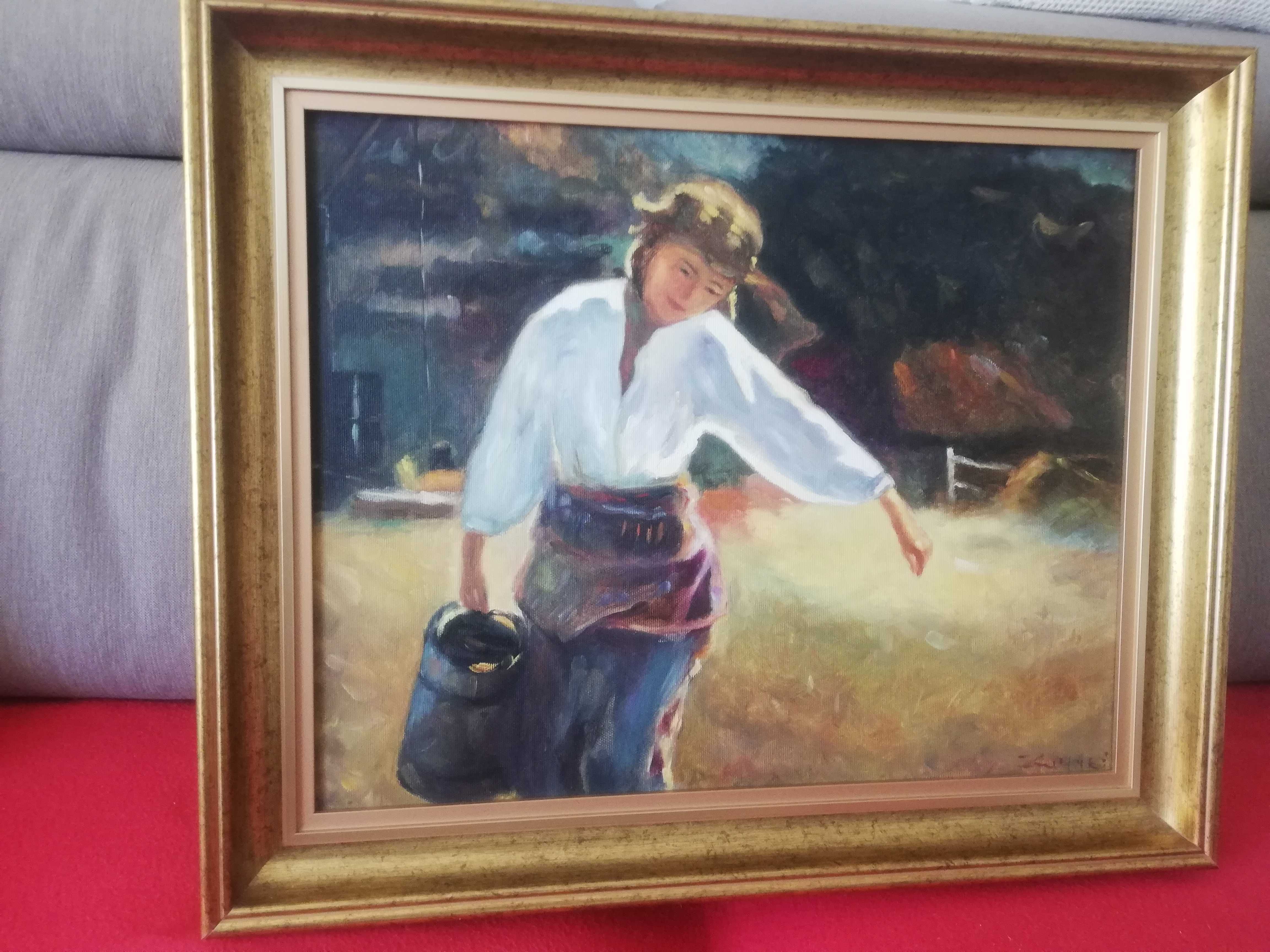 Scena rodzajowa 60x50 obraz olejny w złotej ramie Dziewczyna z dzbanem