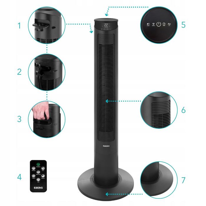 wentylator kolumnowy cichy eberg fyn stojący wiatrak xxl+wifi+aroma