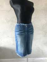 NOWA Spódnica midi jeansowa frędzle biodrówka 36 S