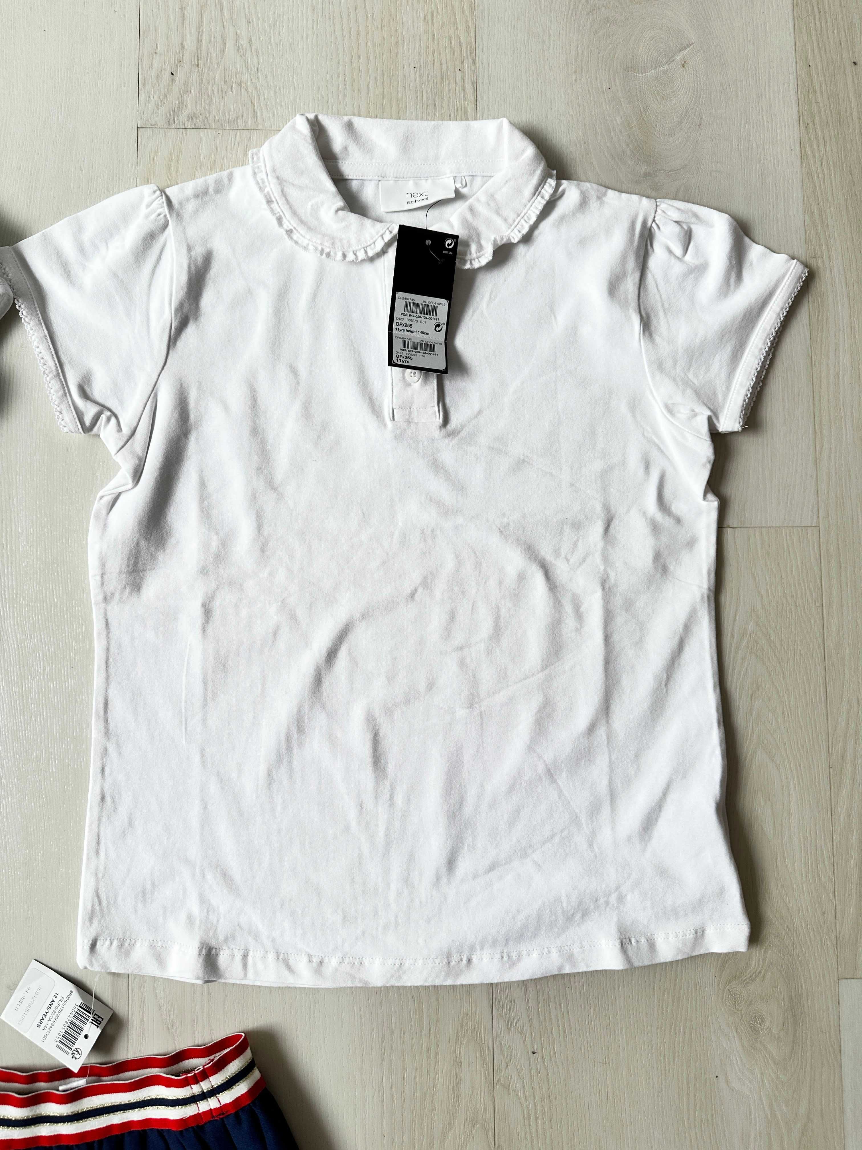 Nowe spódniczka granat Okaidi bluzki białe NEXT polo koszula 152 cm 12