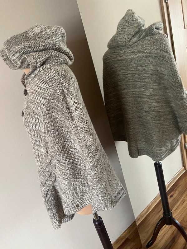 Lmc gruba pleciona narzutka ponczo duzy kaptur warkocz l xl 42 40 braz