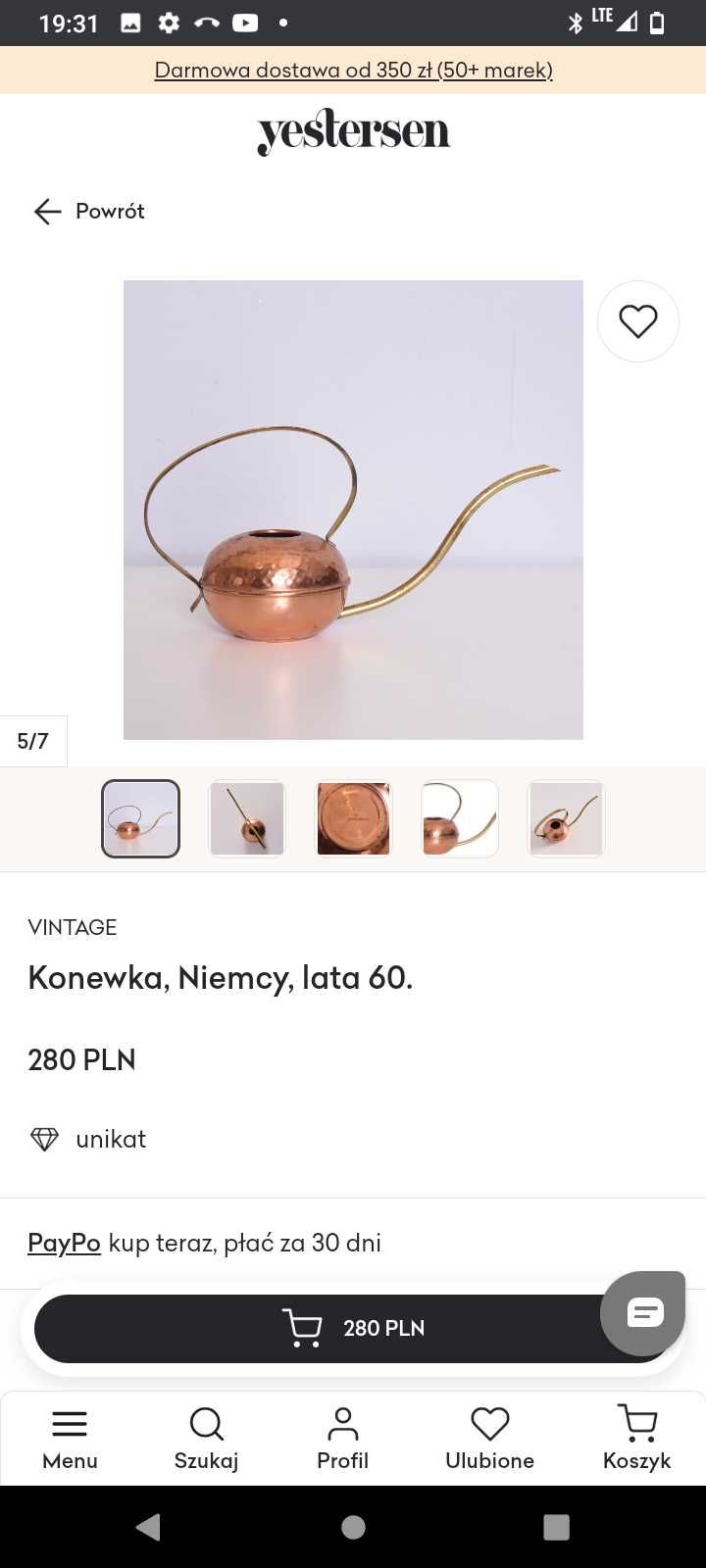 Konewka z miedzi piękna stylowa vintage kolonialna, Niemcy 50, 60