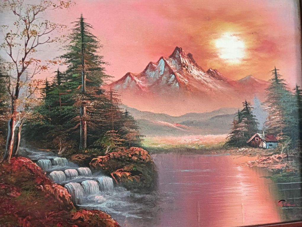Quadro antigo pintado a óleo: Por do sol na montanha"	68 cm x 58 cm*
