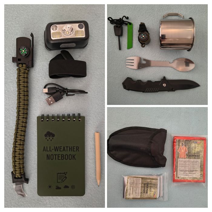 Zestaw ucieczkowy.Wyposażenie plecaka ewakuacyjnego.13 elementów.