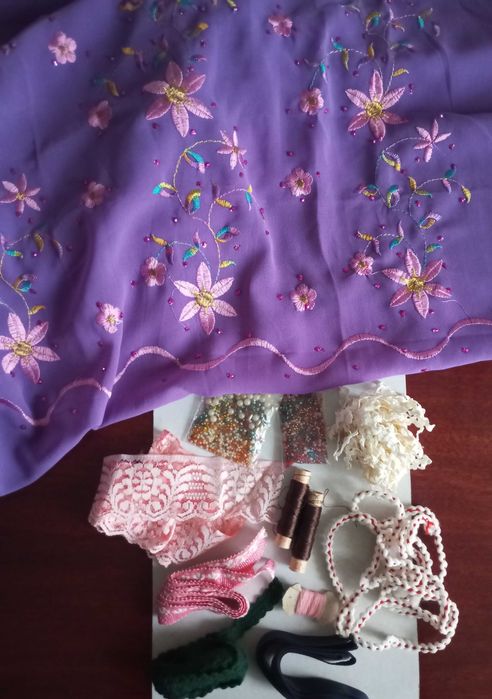 Шифон бисер винтаж, кружево нитки шёлк, бисер, вышивка, ссср