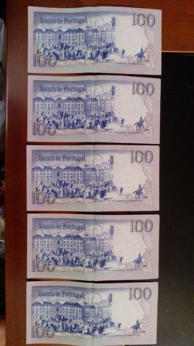 Magnifico Conjunto de 5 Notas de 100$00 Escudos c/Numeração Seguida