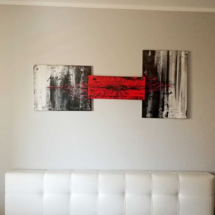 Obraz tryptyk abstrakcja nowoczesny szary czerwony olejny