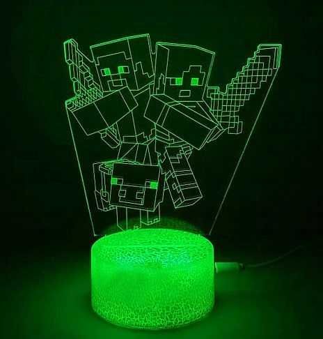 Lampka Nocna Biurkowa Dla Dzieci MINECRAFT CREEPER 3D LED RGB + Pilot