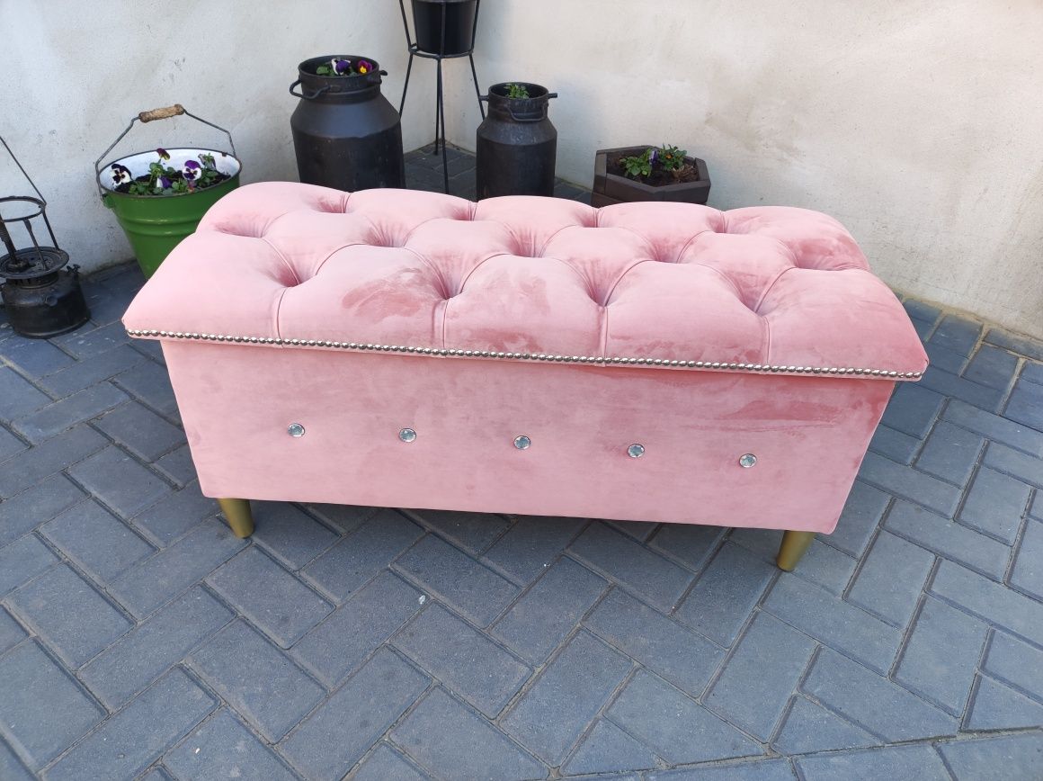 Duża Pufa 100x40 pikowana ławka kufer Glamour Chesterfield cyrkonie