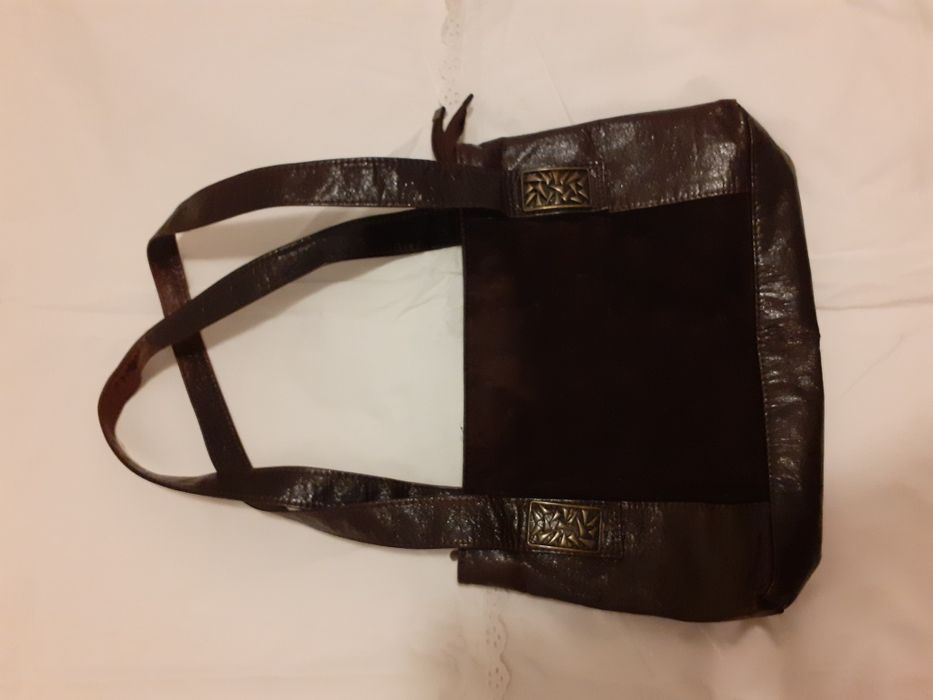 Torebka damska skórzana lekko lakierowana 34x24x10cm brązowa WYGODNA!