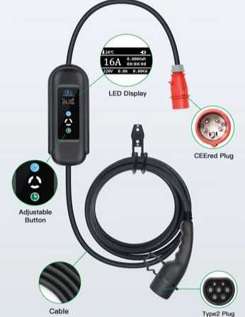 Carregador Portátil 11 kw - 16A -Tipo 2 - C/ Suporte Parede