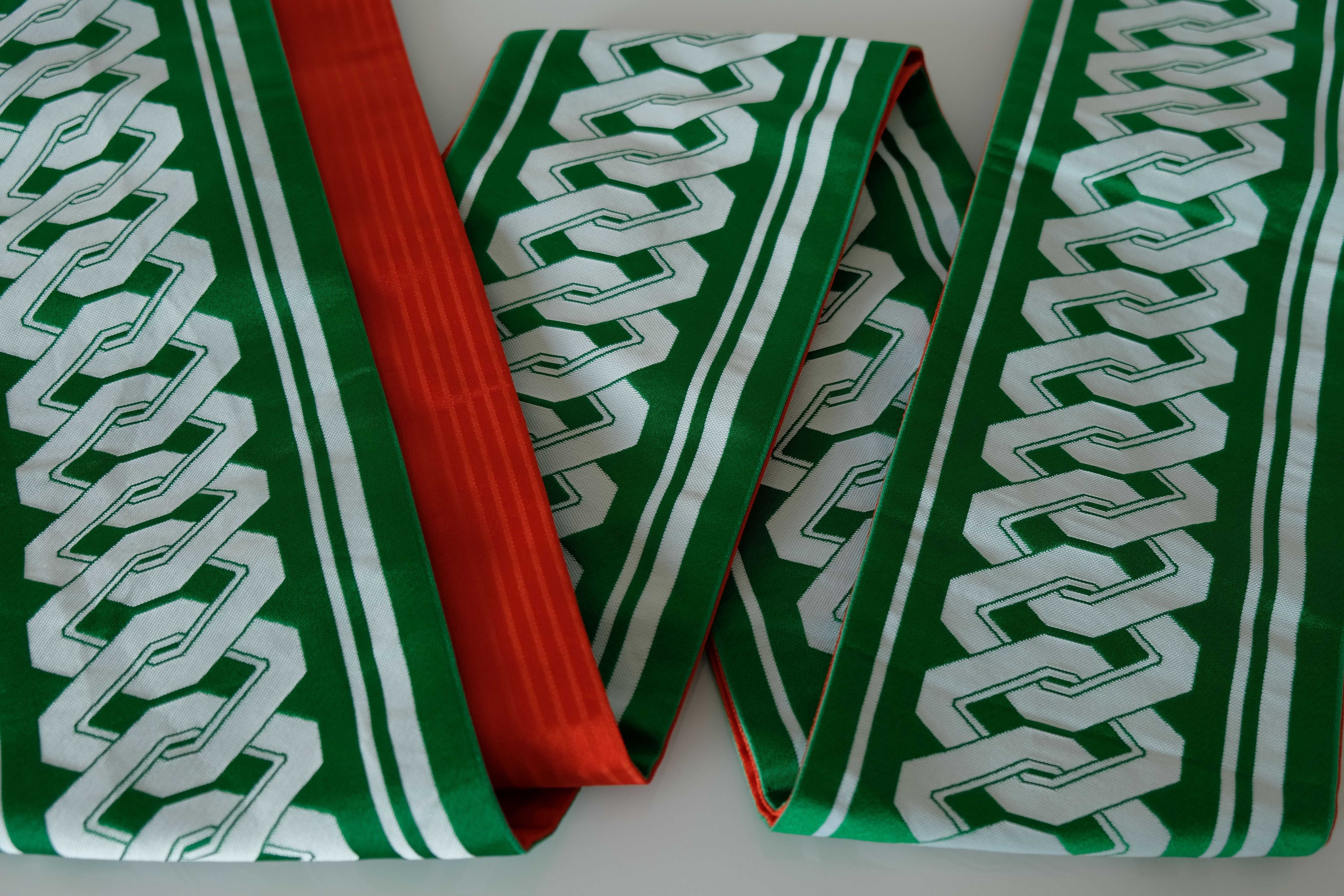 Zielony pas hanhaba obi do kimono japoński 354 cm dwustronny czerwony