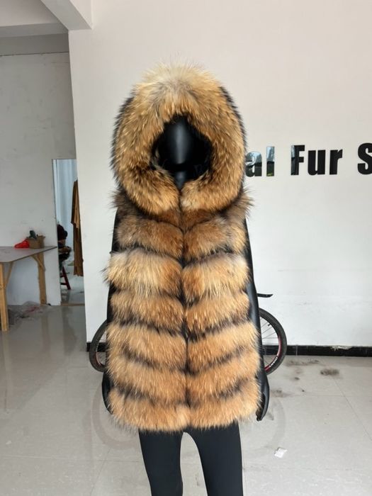 Kamizelka damska z kapturem futro naturalne lis jenot