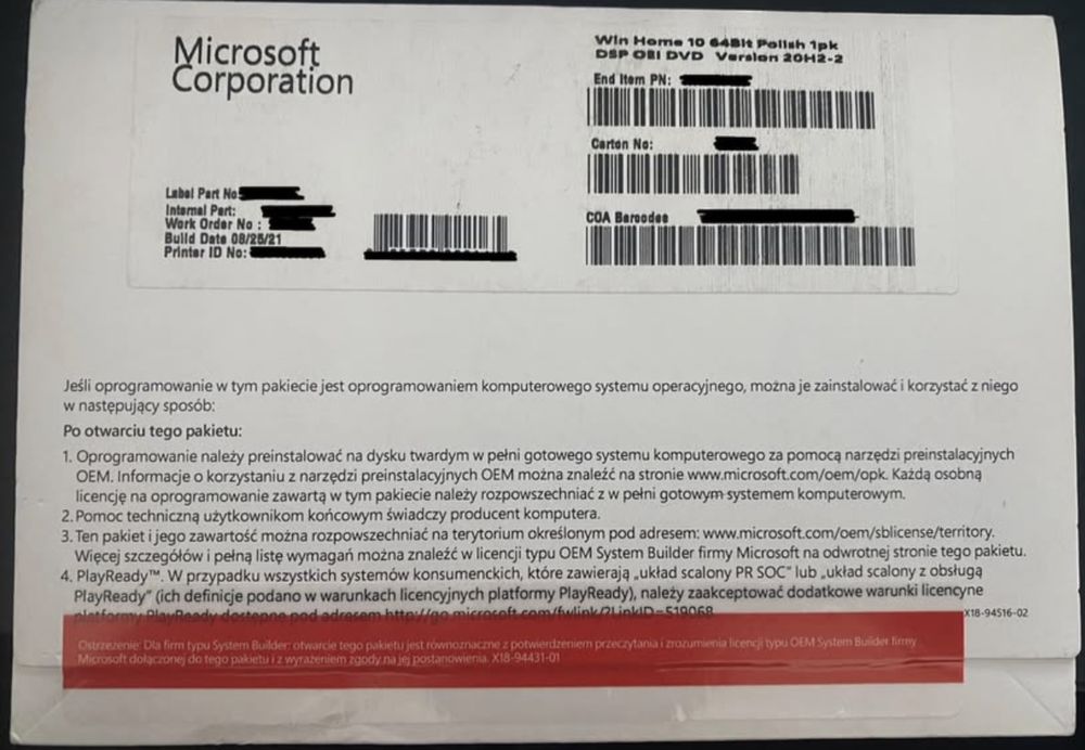 System Windows wersja OEM 10/11