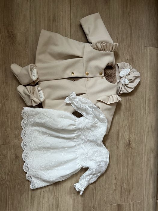 Zestaw ubranek do chrztu r. 68 płaszczyk, buty milulove sukienka noeli