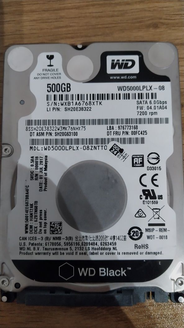 Dysk HDD 500 GB WD serii black 2.5"