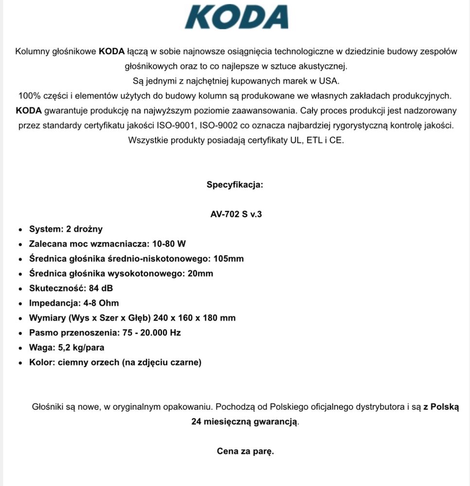 Koda AV-702S v.3 Kolumny stereo (surround) - 2szt