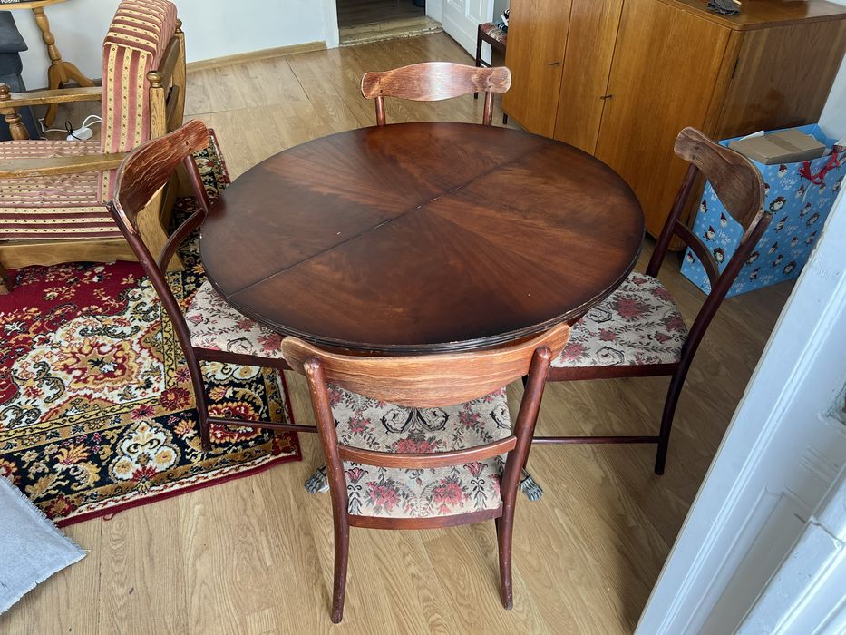 Okrągły drewniany stół VINTAGE rozkladany + 6 krzeseł drewno komplet