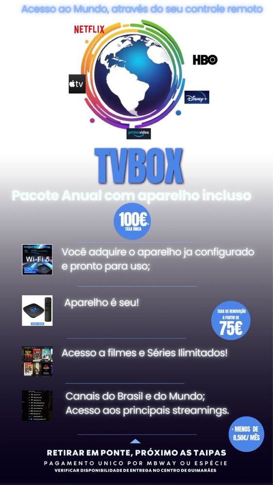 Aparelho tv box com canais, series e filmes.