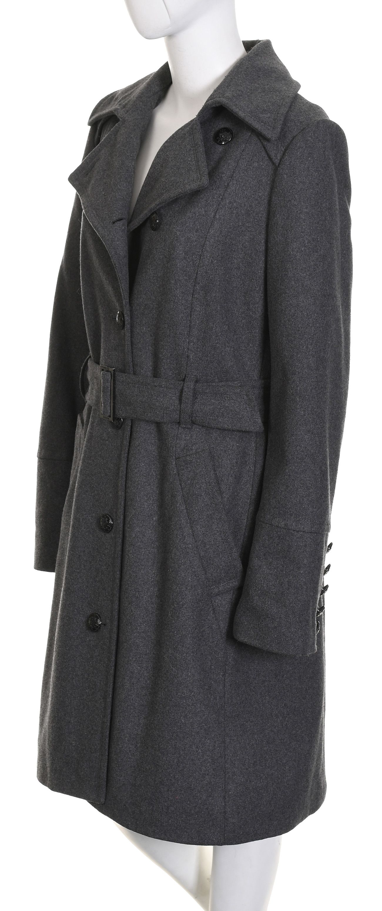 MEXX elegancki taliowany płaszcz damski 75% wełna ciemnoszary r. 44