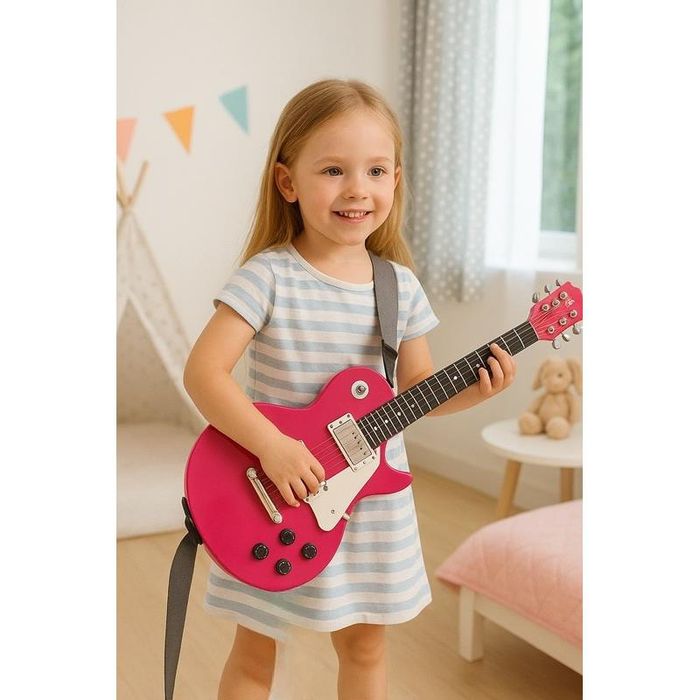 Gitara Elektryczna Rockowa z Mikrofonem Karaoke Melodie Podkłady Róż.