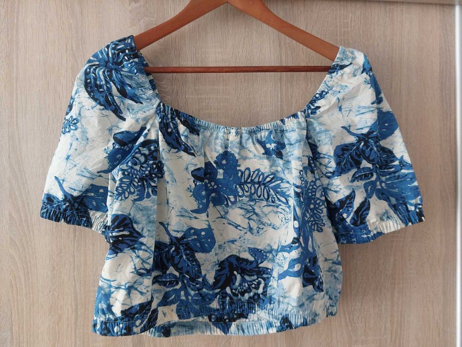 Śliczna bluzka karo kwadratowy dekolt bufki crop top H&M top niebieski