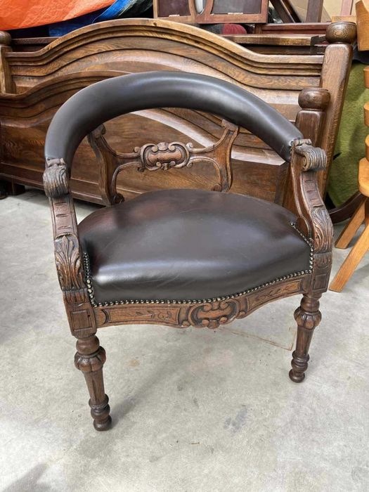 Krzesło fotel drewniany dębowy skórzany rzeźbiony stary antyk FV DOWÓZ