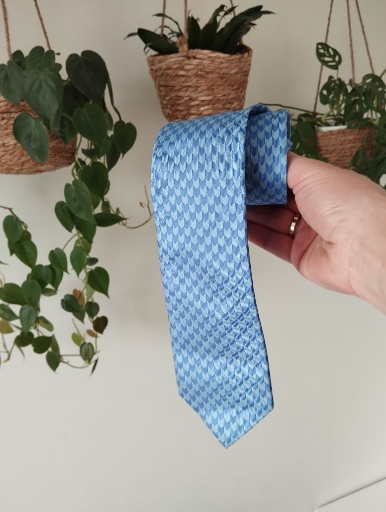 Męski jedwabny krawat 100% silk we wzorki, niebieski, 7,5 cm,