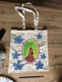 Bawełniana torba tote bag kura wiosna kwiaty stokrotki boho