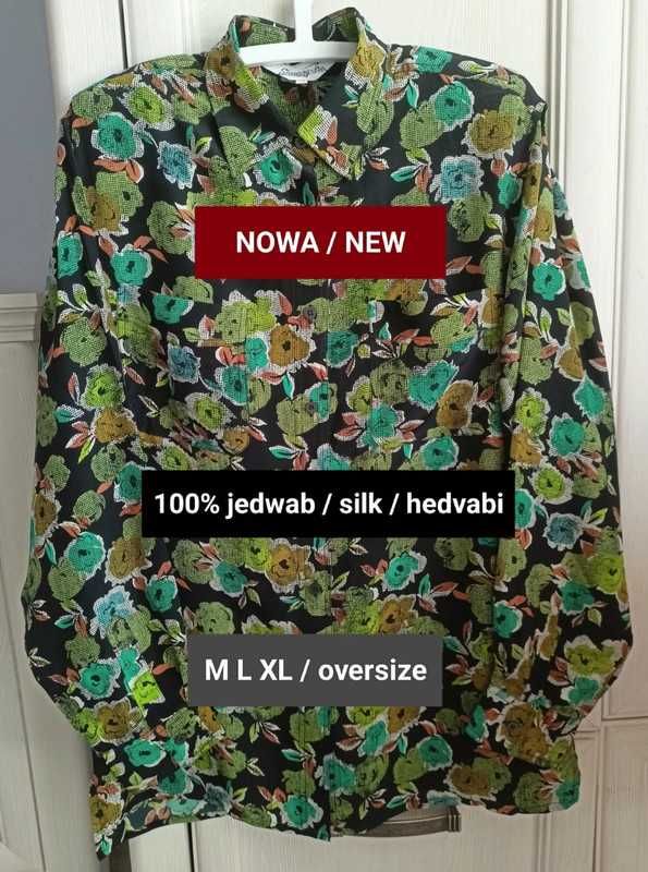M L XL oversize jedwabna koszula vintage kwiaty 100% jedwab wiosna