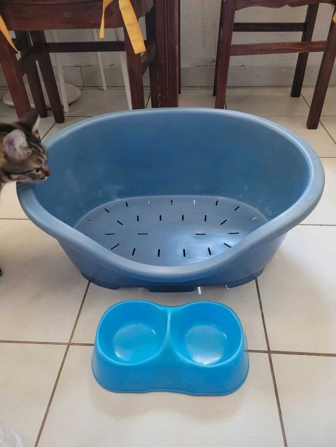 Cama e comedouro azul para animais