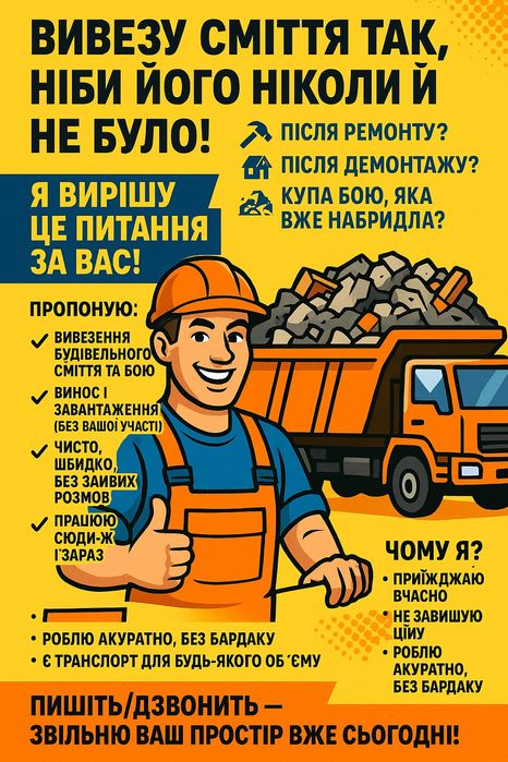 Вивезення будівельного сміття / бою / непотребу