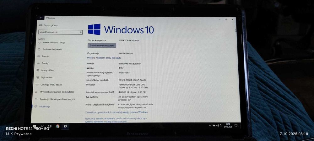 LAPTOP Lenovo G550  dual core T4500 4GB ram 275 GB dysk Windows 10
