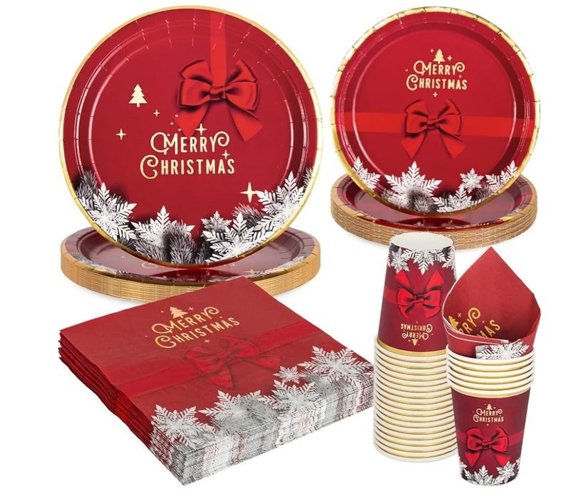 Zestaw obiadowy talerze serwetki kubki Boże Narodzenie święta