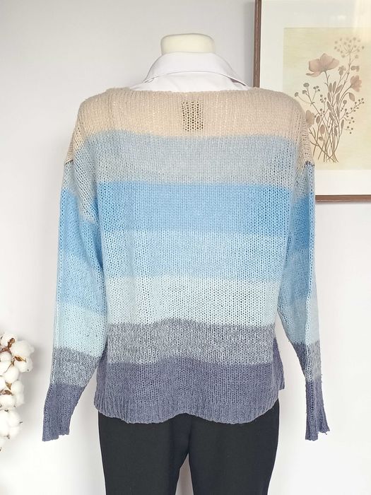 Niebieski sweter w paski dzianinowy wełna moher Luxzuz M oversize