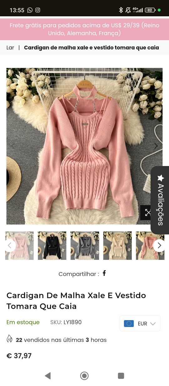 Cardigan de malha xale e vestido tomara que caia Rosa