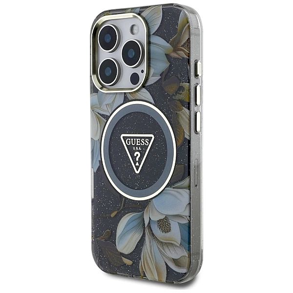 Etui Guess Glitter Flowers Triangle Buttons MagSafe do iPhone 16 Pro M