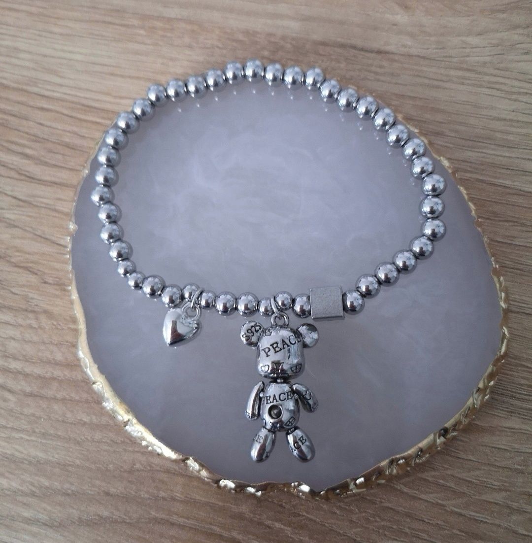 Nowa bransoletka damska srebrna z zawieszkami charmsami miś serce serd