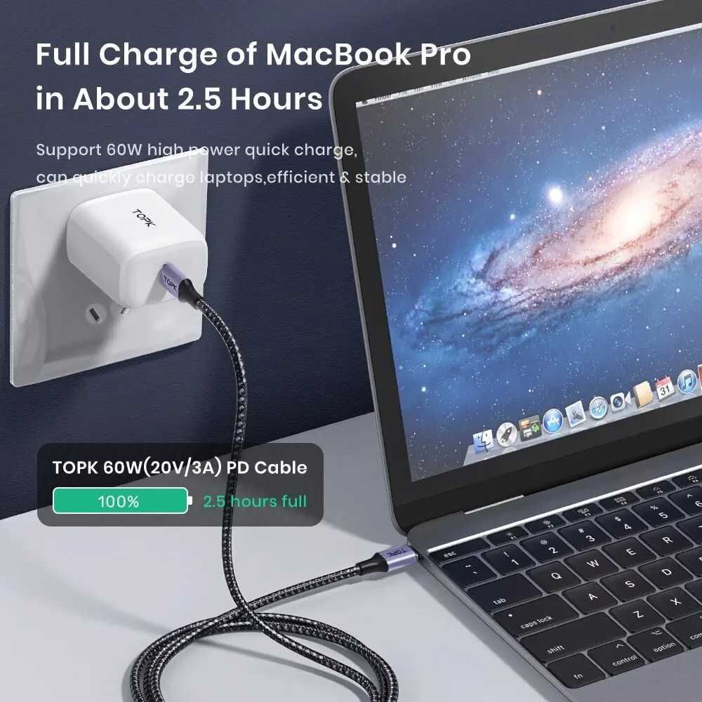 TOPK 60W USB-C PD: Kabel USB-C + Adapter do USB-A Szybkie Ładowanie 3A