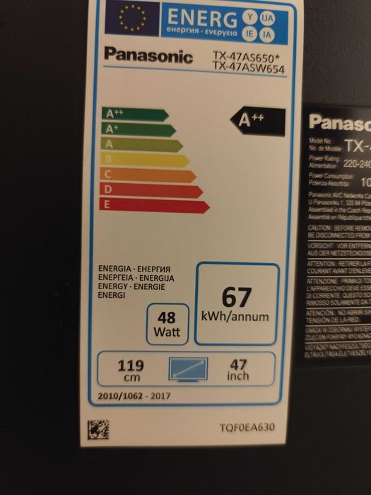 Telewizor Panasonic TX-AS 650 47" 3D 1200Hz 178° A++