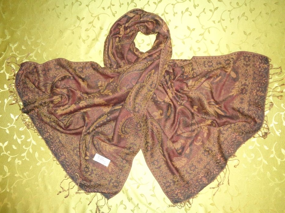 SEIDE i WOOL kaszmirowy brązowy duży szal szalik z frędzlami