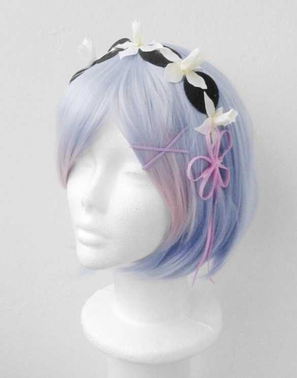 Rem Re Zero cosplay wig błękitna krótka peruka bob z grzywką + dodatki